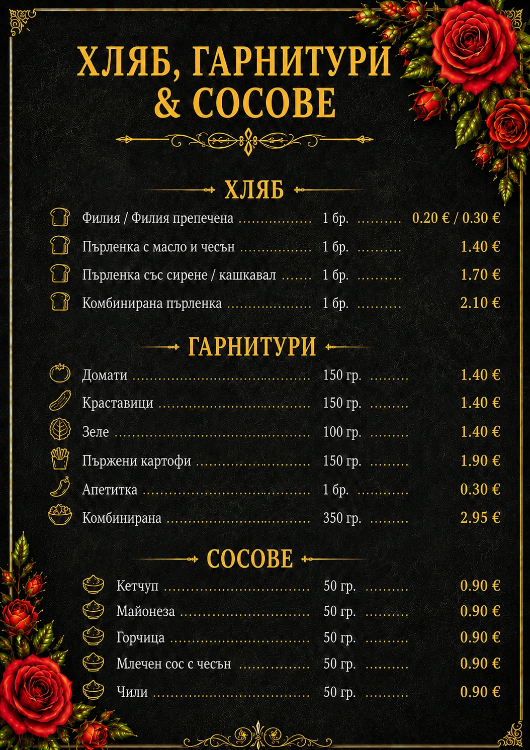сосове и гарнитури в ресторант роуз